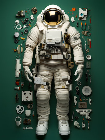 Astronaut in space suit surrounded by various tools on green backgroundの素材