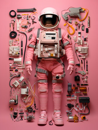 Top view of little girl in cosmonaut suit and helmet posing near various tools on pink backgroundの素材