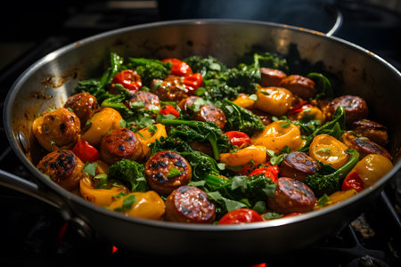fried vegetables in a frying pan on a gas stove in the kitchenの素材