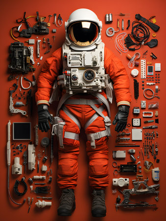 Astronaut in space helmet and other tools on red background.の素材