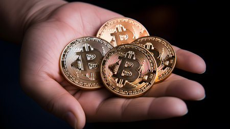 Hand holding Bitcoin. Cryptocurrency concept. Crypto currency. Digital money.の素材