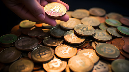 Bitcoin coin on the background of coins. The concept of cryptocurrency.の素材