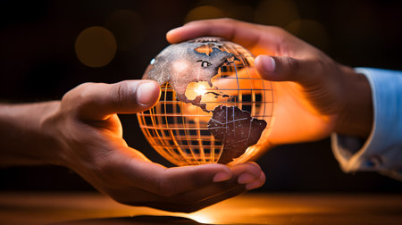 Close-up of human hands holding globe. Global business concept.の素材