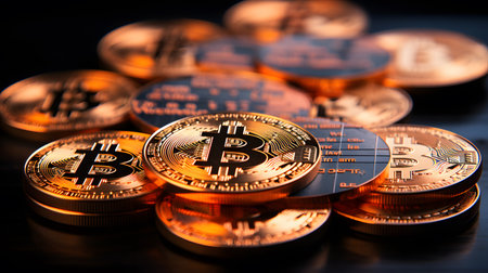 Golden bitcoins on a dark background. Cryptocurrency. Close-up.の素材