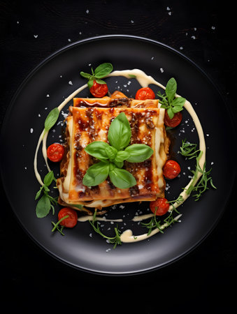 Tasty appetizing classic italian lasagna served on black plate with basil, cherry tomatoes and parmesan cheese. Italian cuisine. Top viewの素材