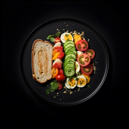 Healthy breakfast. Tomato, cucumber, cheese and toasts on black backgroundの素材