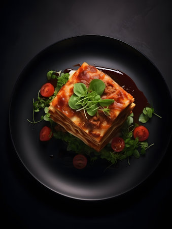Plate of tasty lasagna with tomatoes and basil on dark backgroundの素材