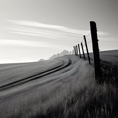 Dirt road leading into the horizon in black and white with a fenceの素材
