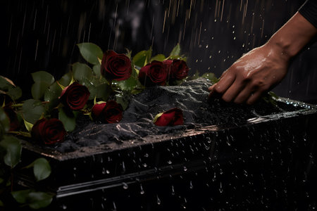 Man's hand holding red rose and pouring water on black stone in dark roomの素材