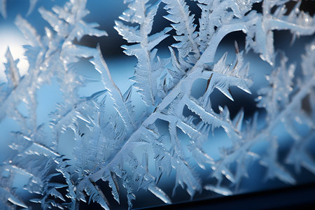 Frosty natural pattern on winter window glass. Blue tonedの素材