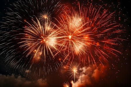 Colorful fireworks of various colors over night sky with cloud, abstract backgroundの素材