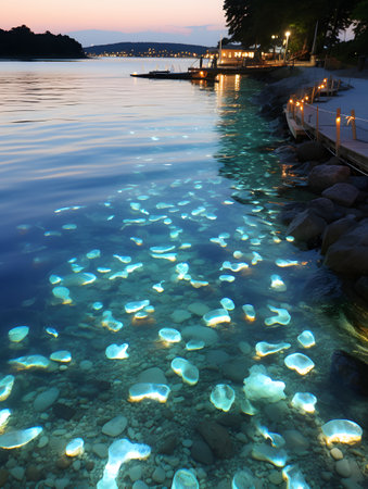 beautiful night view of the sea with crystal clear water and white stonesの素材