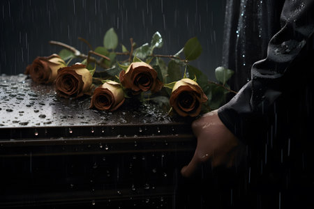Close-up of a woman holding a bouquet of yellow roses in the rainの素材