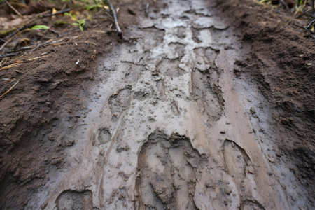 Dirt road in the forest, close-up of the trackの素材