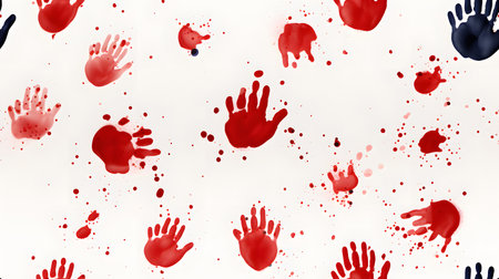 Bloody hand prints on white background. Halloween concept.の素材