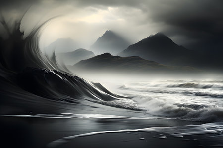 Fantasy alien planet. Mountain and sea. 3D illustration.の素材