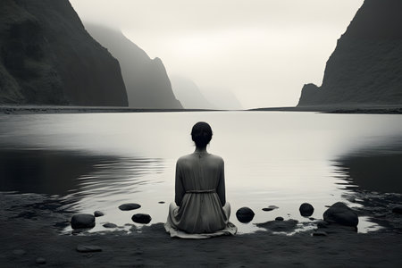 Black and white photo of a woman sitting on the shore of a lakeの素材