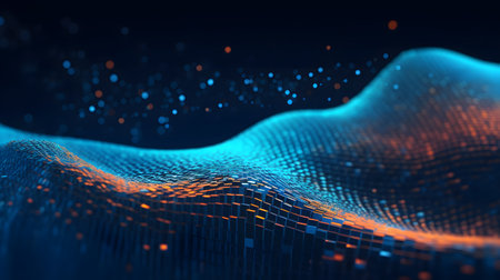 3d rendering of abstract digital landscape with flowing particles. Network connection structure. Big data visualization.の素材