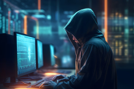 Hooded hacker in front of computer screen. Hacking conceptの素材