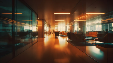 Interior of a modern office building with glass walls and a long corridorの素材
