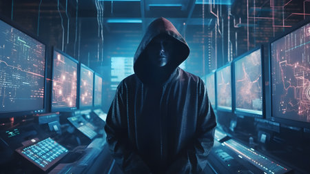Portrait of a hacker in a dark room with computer screens and binary codeの素材