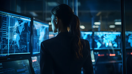 Back view of businesswoman standing in front of computer monitors at nightの素材