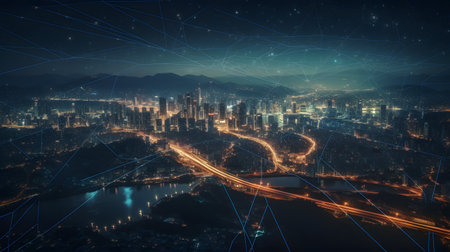 Smart city and wireless communication network over the cityscape at night.の素材