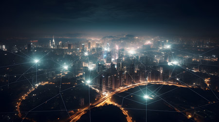 Night view of the city and connection lines. Mixed media. Mixed mediaの素材