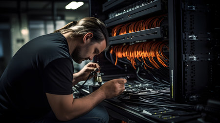 Technician repairing server hardware in data center. Selective focus.の素材