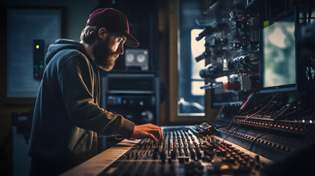 Professional sound engineer working on a digital sound mixer in a recording studioの素材