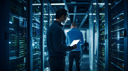 Serious man using digital tablet while standing in datacenter server roomの素材