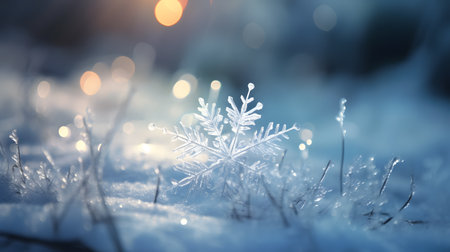Snowflake on snow with bokeh background. Winter landscape.の素材
