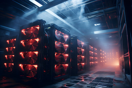 Futuristic server room with rows of hard drives in neon lightの素材