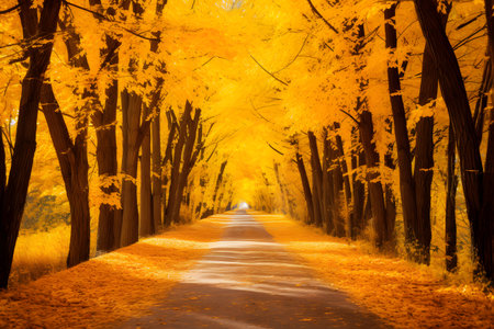 Beautiful autumn landscape in the park with yellow trees and asphalt roadの素材