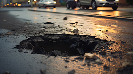 Pothole in the road at night. Shallow depth of field.の素材