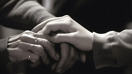 Close up of a senior couple holding hands together, black and whiteの素材