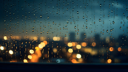 Raindrops on the window with blurred city lights bokeh backgroundの素材