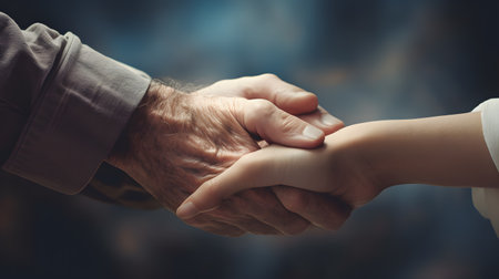 Close up of senior man and young woman holding hands on blurred backgroundの素材