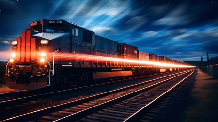 Freight train with containers at night. Freight transportation concept.の素材