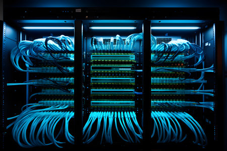 Server room with fiber optic cables in data center. 3d renderingの素材