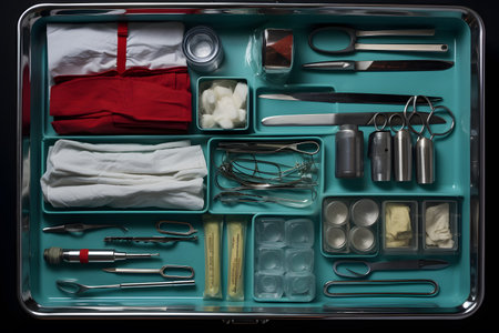 Surgical instruments and tools in a tray on a black background.の素材