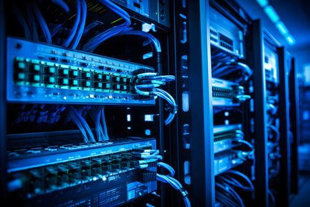 server with fiber optic  cables in a data center. 3d renderingの素材