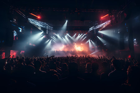 Concert crowd in front of a bright stage with lights and smokeの素材