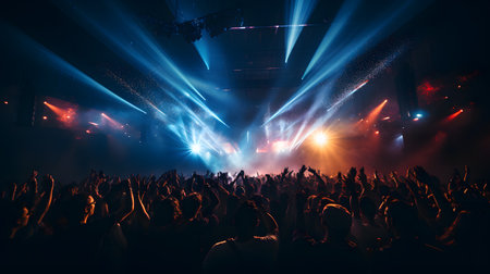 Concert crowd in front of bright stage lights with hands raised at a music festivalの素材