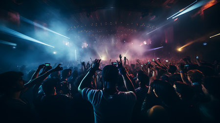 Crowd in front of a stage during a live concert with hands raised upの素材