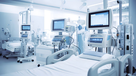 Patient in the hospital bed with modern equipment. Medical background.の素材