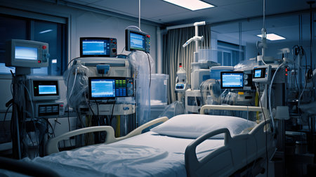 Patient bed in a modern hospital. 3d rendering toned imageの素材