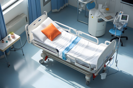 Hospital bed with orange pillow in hospital ward. 3d renderingの素材