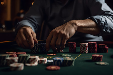 Man playing poker in casino. Close-up of the hands of a player with chips.の素材