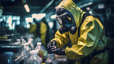 Man in chemical protective suit and gas mask working in a chemical factory.の素材